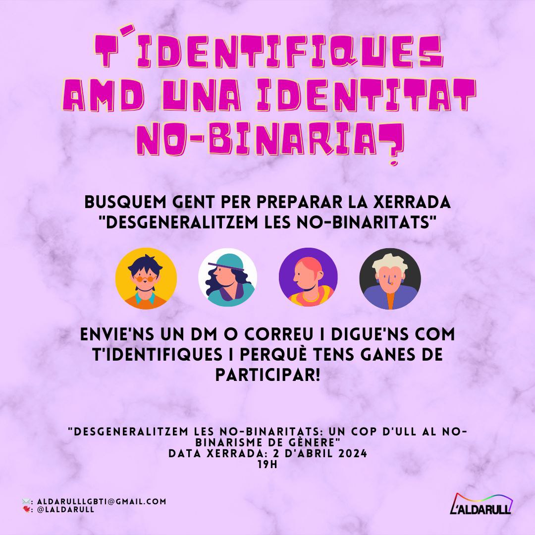 Personetes, estem preparant la primera activita de l'any i ens agradaria que hi participéssiu.

El dia 2 d'abril a les 19h fem amb una xerrada a l'Abril lila de les nostres companyes d'<a href="/AccioLila/">Acció Lila</a> 

Si t'identifiques dins del paraigües no-binari, contacte'ns!