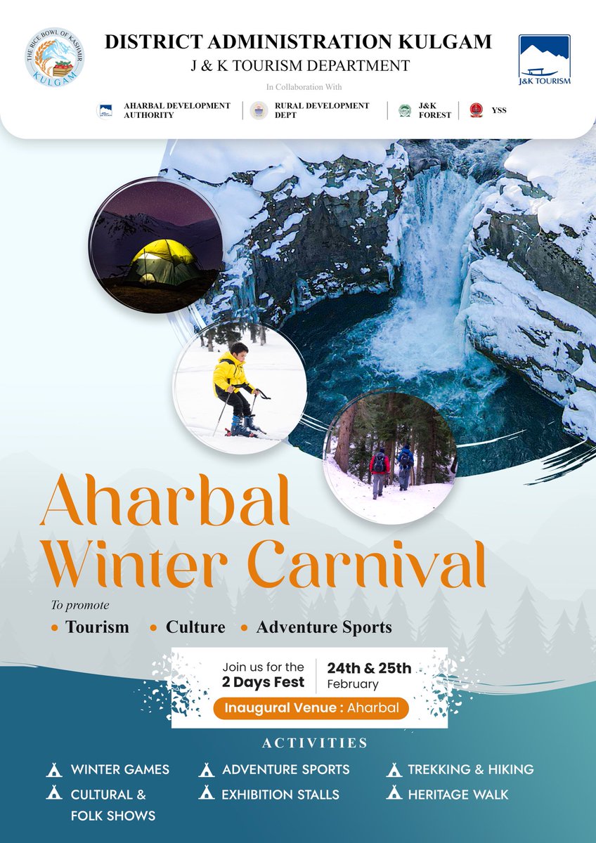 Join us this weekend at the #Aharbal #WinterCarnival!
Aharbal, Kulgam: 24th &amp; 25th February! 
#Kulgam #TheTrueOffBeat 

<a href="/OfficeOfLGJandK/">Office of LG J&K</a> <a href="/JandKTourism/">Jammu & Kashmir Tourism</a> 
<a href="/incredibleindia/">Incredible!ndia</a>