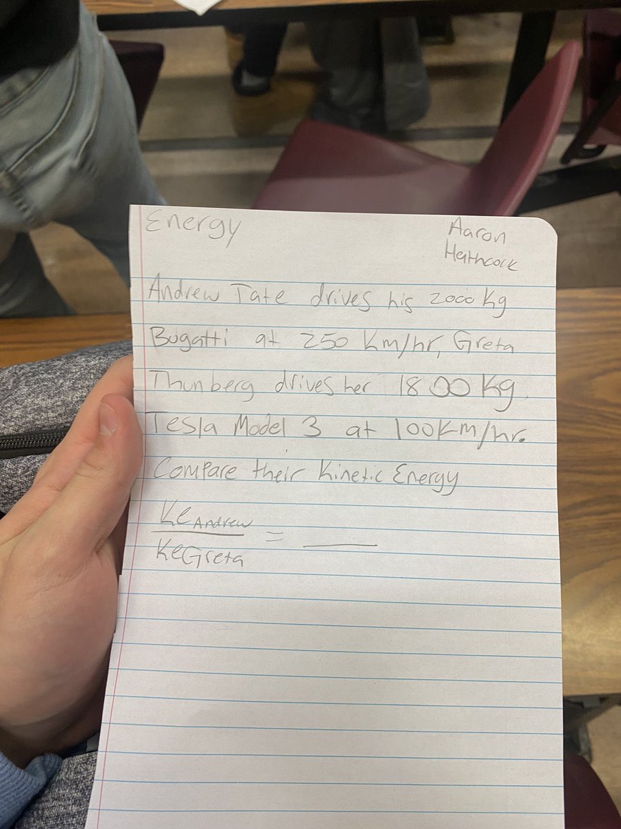 Aaron_jace14's tweet photo. Got asked to write a physics question for my college class…this is what I wrote @TateTheTalisman @Cobratate https://t.co/BTYFUgMeyD
