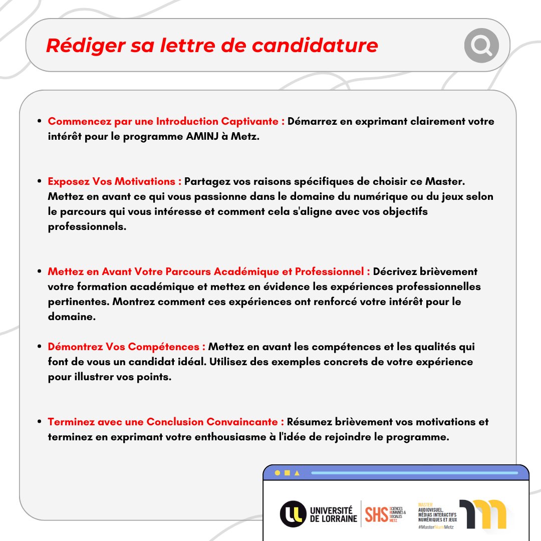 🎓 Tous nos conseils pour rédiger sa lettre de candidature ! Vous avez l'ambition de poursuivre vos études dans notre Master AMINJ à Metz, et vous vous demandez par où commencer votre lettre de motivation ? 🚀 #MasterAMINJ #LettreDeMotivation #ÉtudesSupérieures #Metz