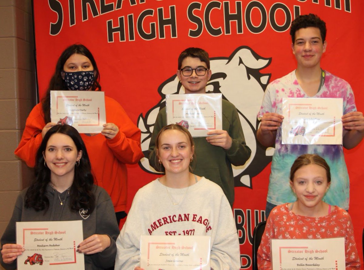 Pictures of the February Students of the Month! Pictured Front L-R : Madison Bedeker, Josie Goerne and Bella Beardsley Back: L-R: Sapphire Darby, Michael Smith and Klay Schaffner Not Pictured: Chase Lane, Anahi Serna, Destiny Gallup and Danielle Giacinto #shsdawgs