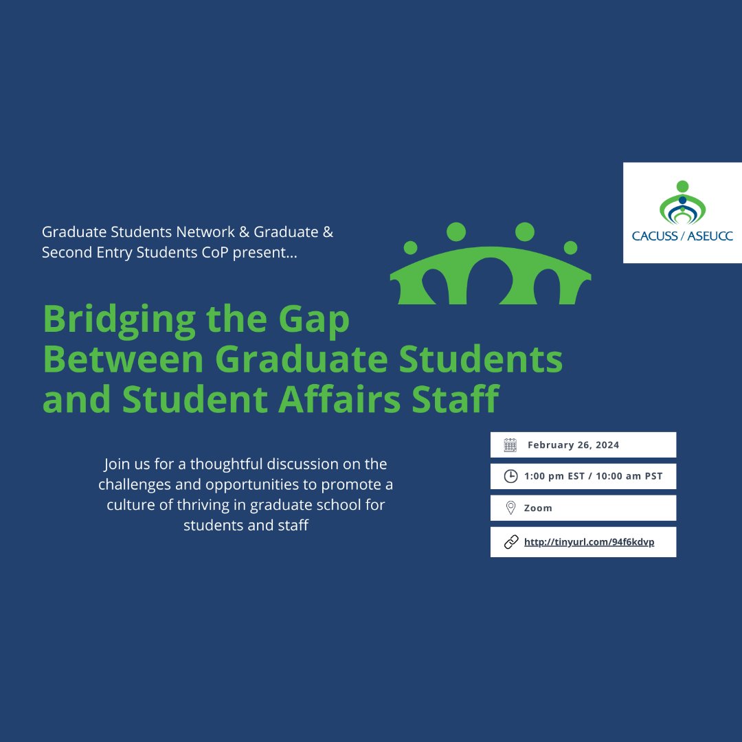 The CACUSS Grad Student Network is excited to collaborate with the Grad &amp; Second-Entry Students CoP for a thoughtful discussion on the challenges &amp; opportunities to promote a culture of thriving in grad school for students &amp; staff. #SACdn #HigherEd #CommunityOfPractice