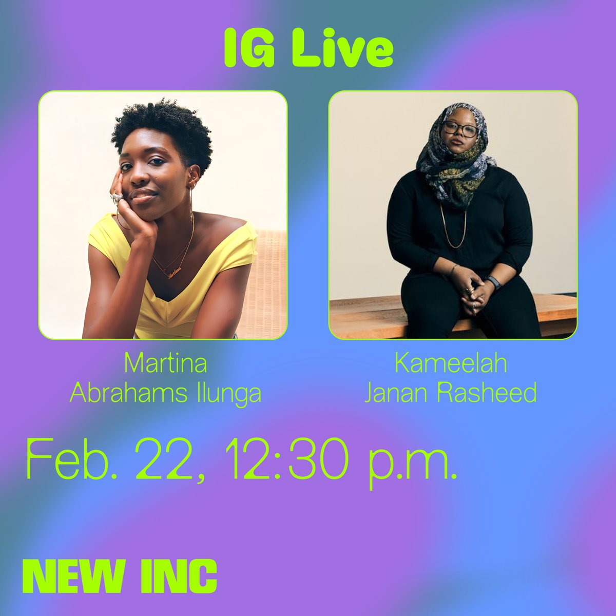 NEXT UP: Martina Abrahams Ilunga and Kameelah Japan Rasheed are going live on Instagram TOMORROW at 12:30PM ET! Hear from the artists on what drives their practices, and the spaces they create both on and offline.