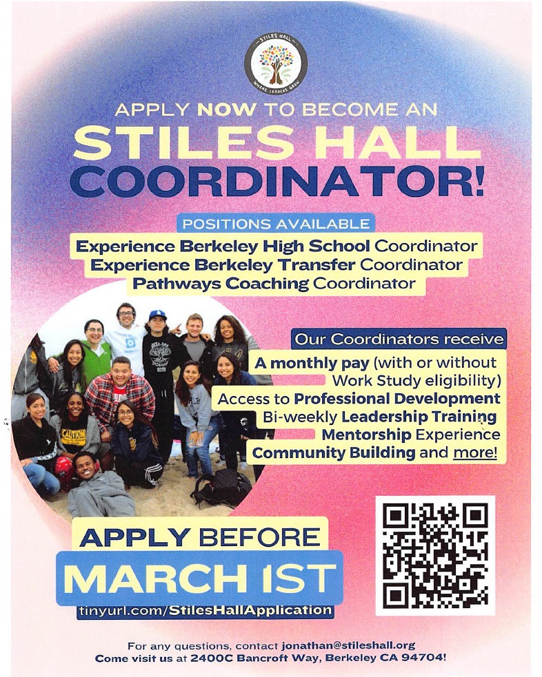Interested in gaining hands-on leadership experience, professional development, and networking opportunities that will prepare you for employment opportunities post-graduation? Apply to become a Stiles Hall Coordinator! For more information, visit tinyurl.com/stileshallappl…