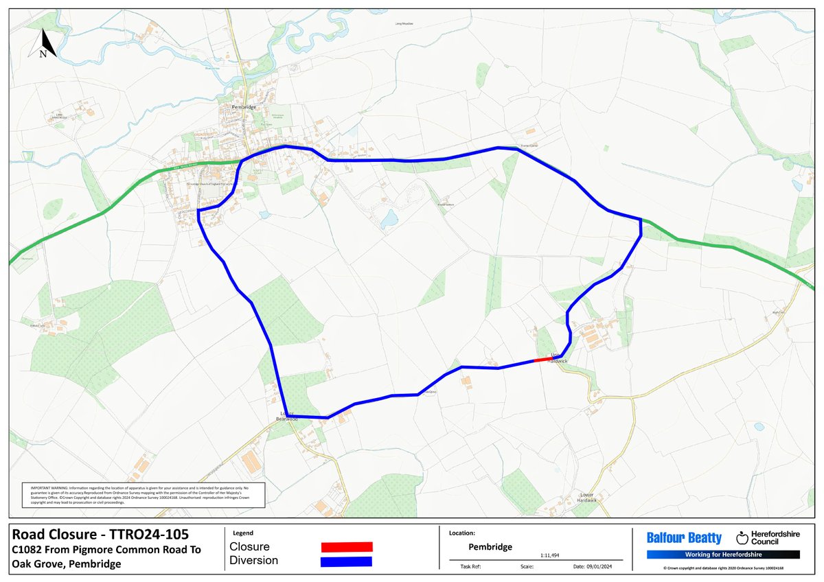 HfdsStreets's tweet image. ⛔ ROAD CLOSURE | C1082 From Pigmore Common Road To Oak Grove, #Pembridge, #Herefordshire

🗓️ 28/2/24 for 2 days by @DwrCymru Welsh Water for stop tap renewal works.

🔗 More info: orlo.uk/YEt7z 

⬇️ Closure points and diversion route below.