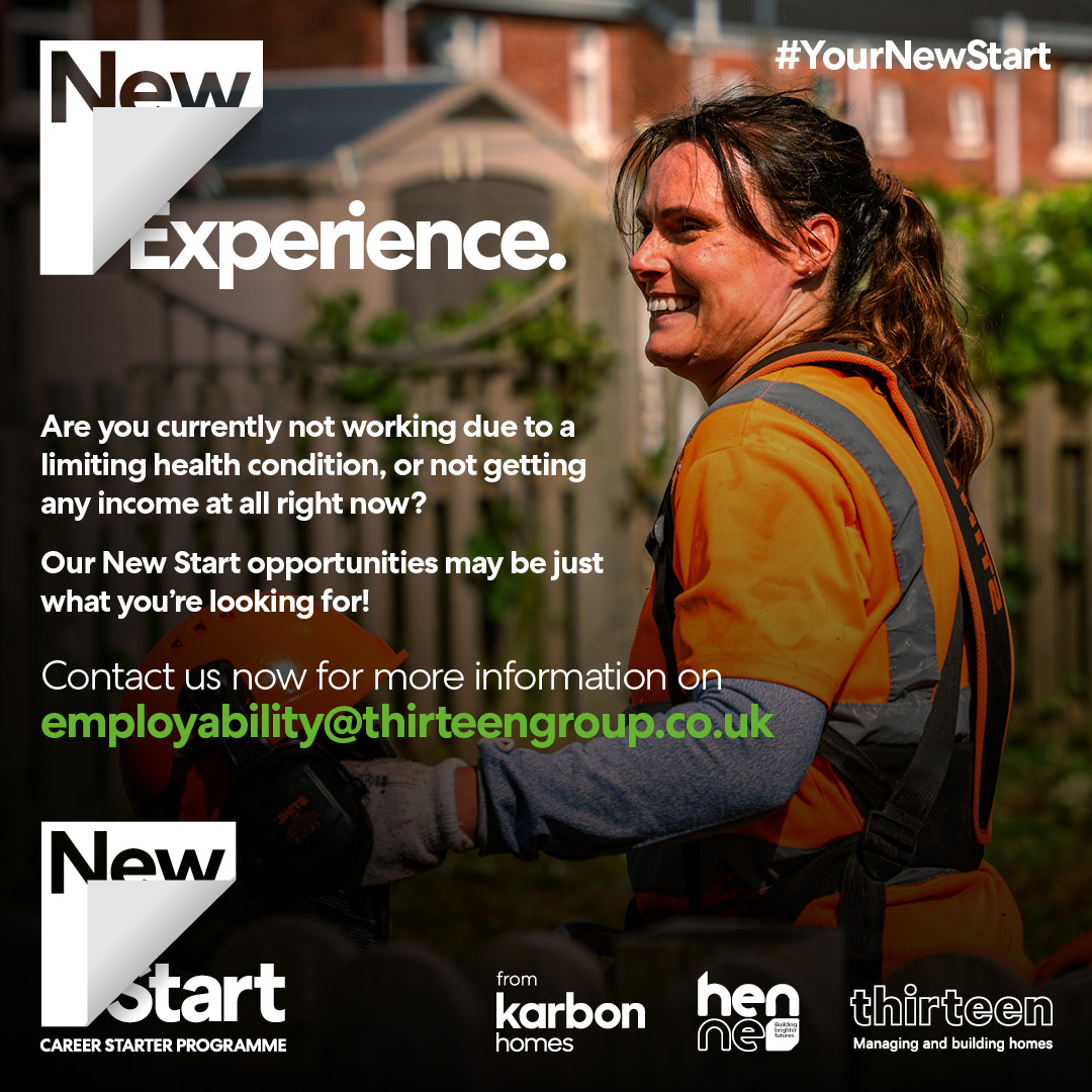 We've teamed up with @Thirteen_Group  to offer a great range of career starter opportunities as part of New Start:

👩‍🔧Urban Ranger Assistant
🧑‍🔧Estates Services Assistant
🧑‍💻 Customer Service Adviser

Apply now at new-start.co.uk

#YourNewStart #NewStartCareers