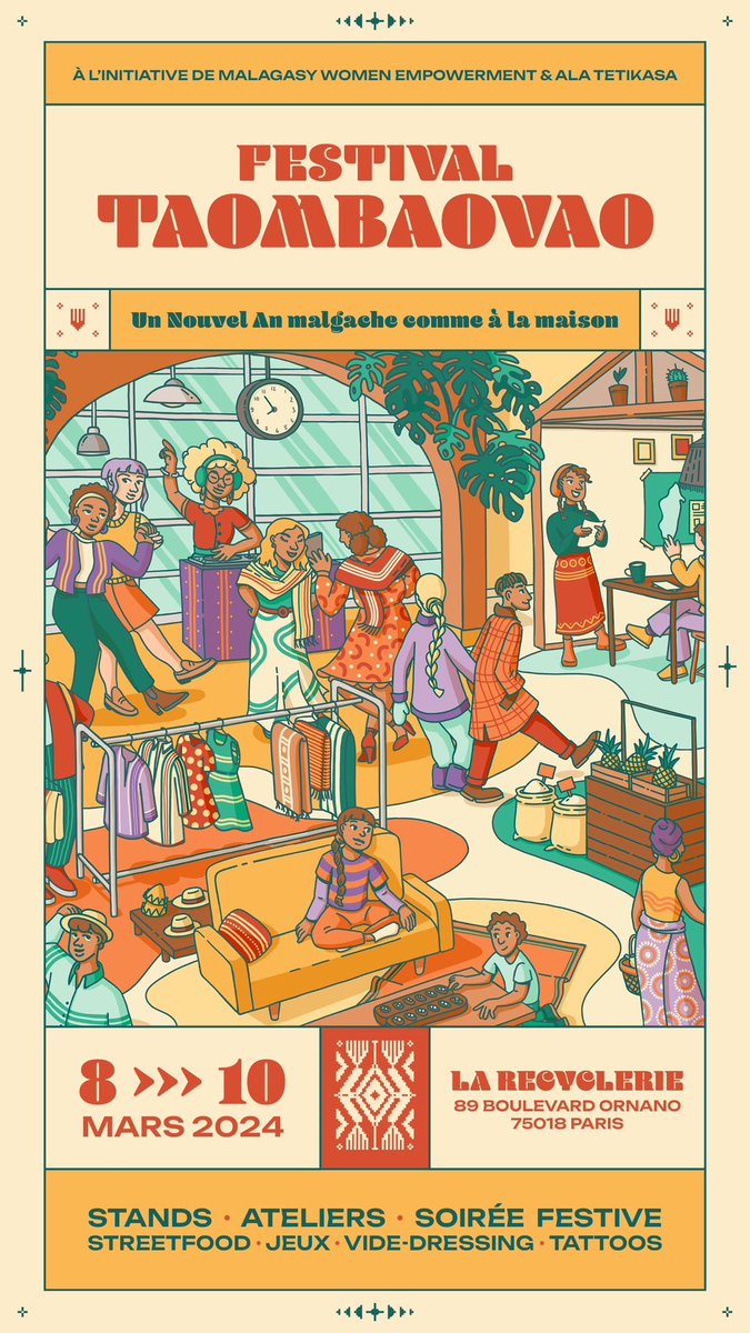 The weekend of March 08 to 10 Tetikasa Ala and Malagasy Women Empowerment invite you to the TAOMBAOVAO 2024 festival. On the menu: Malagasy Street Food, Showcase DJ Set, Tattoos, Workshops and stalls featuring Malagasy craftspeople and products. 
🔗bit.ly/3uIEecy