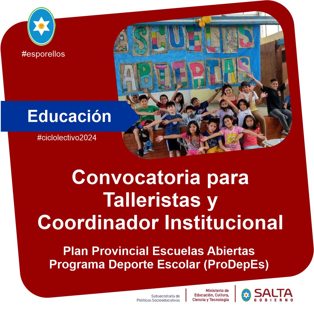 📢 ¡Convocatoria para Talleristas y Coordinador Institucional!
⏰ Si estas interesado en formar parte del equipo técnico del Plan Provincial Escuelas Abiertas y Deporte Escolar (ProDepEs) de Políticas Socioeducativas, las inscripciones son hasta el 23/02/2024.
<a href="/MEducacionSalta/">Ministerio de Educación de Salta</a>
