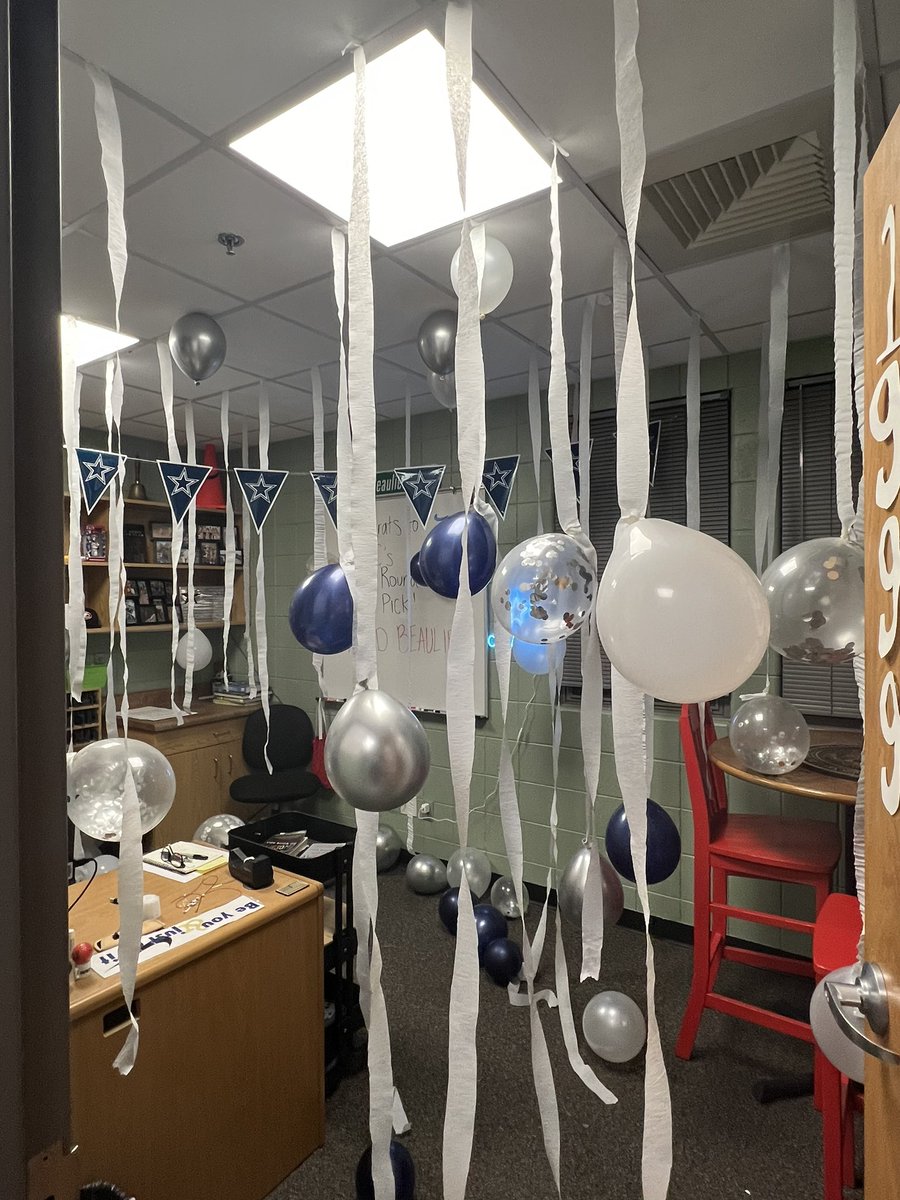 LCtrailblazers's tweet photo. LC’s First Round Draft Pick for Principal: Mr. Todd Beaulieu 🏈 While he loves the color blue, it’s time for some RED. 
Our staff celebrated Mr. Beaulieu officially becoming our principal this morning with a breakfast and a remodeled office space! 😎 https://t.co/gbdaNBUXfH