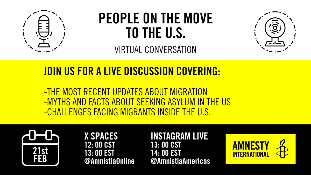 In one hour tune in to our account for virtual convo: "People on the Move to the US"

👉Adama Bah, Afrikana @nenealamo
👉Diane Enobabor, Africa is Everywhere <a href="/odetotheother/">od enobabor</a> 
👉Monica Oehler Toca, Amnesty International <a href="/monicaoehler/">Mónica Oehler Toca</a>
👉Mary Kapron, Amnesty International <a href="/KapronMary/">Mary Kapron</a>