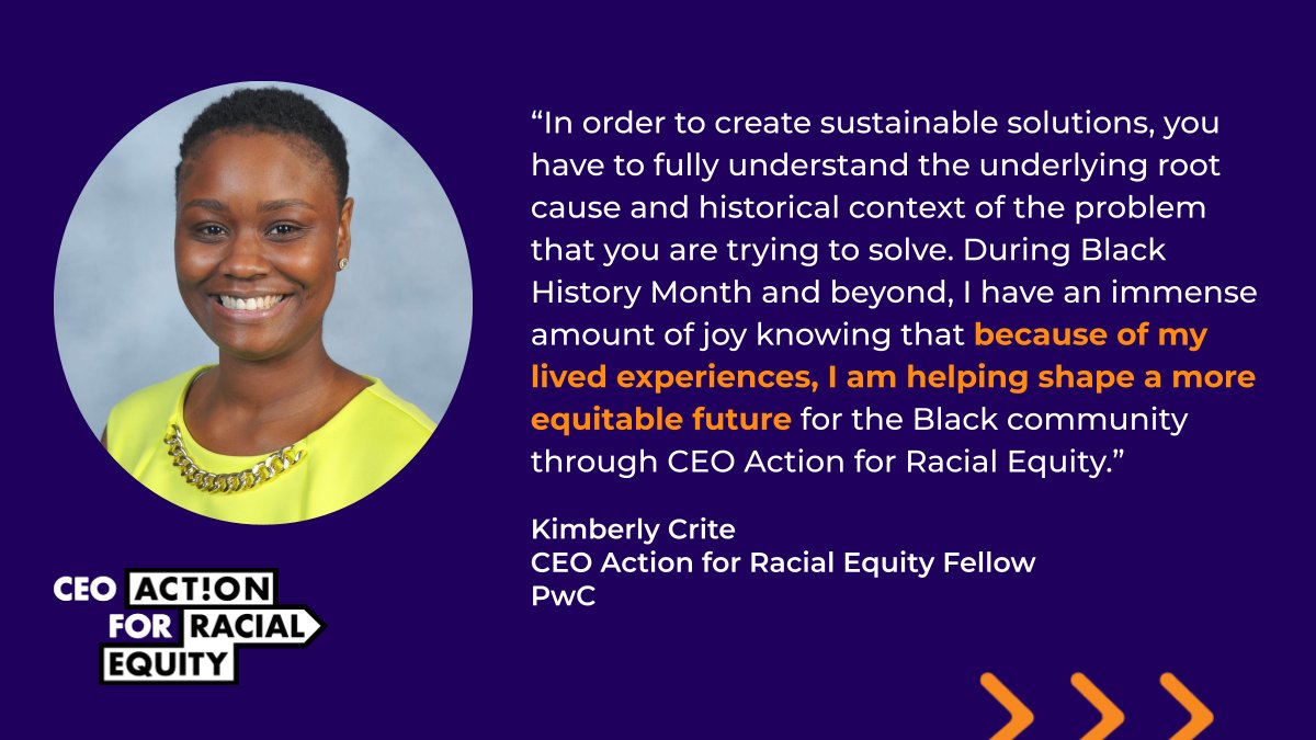 For Kimberly Crite, #BlackHistoryMonth is a time to reflect on how lived experiences – past and present – can help shape a more equitable future. Learn how her work as a #CEOAction for Racial Equity Fellow from @PwCUS helps her make a difference. bit.ly/3ANsCn9