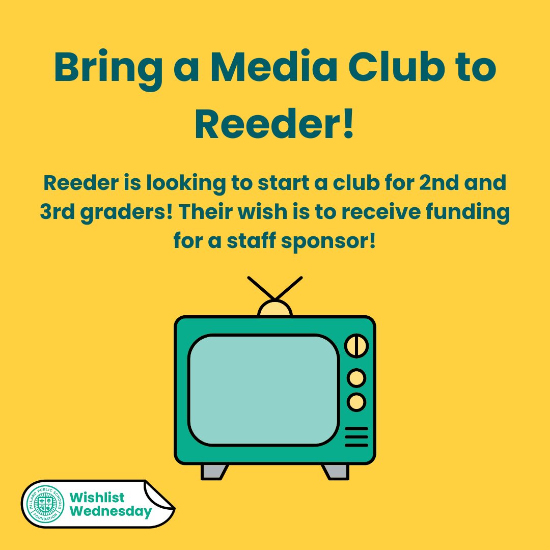 Reeder Elementary needs the Millard Community! The Media Club needs funding for a staff sponsor! Consider helping them out by donating using the link below! @MillardPS  #Proud2bMPS  mpsfoundation.org/wish-lists