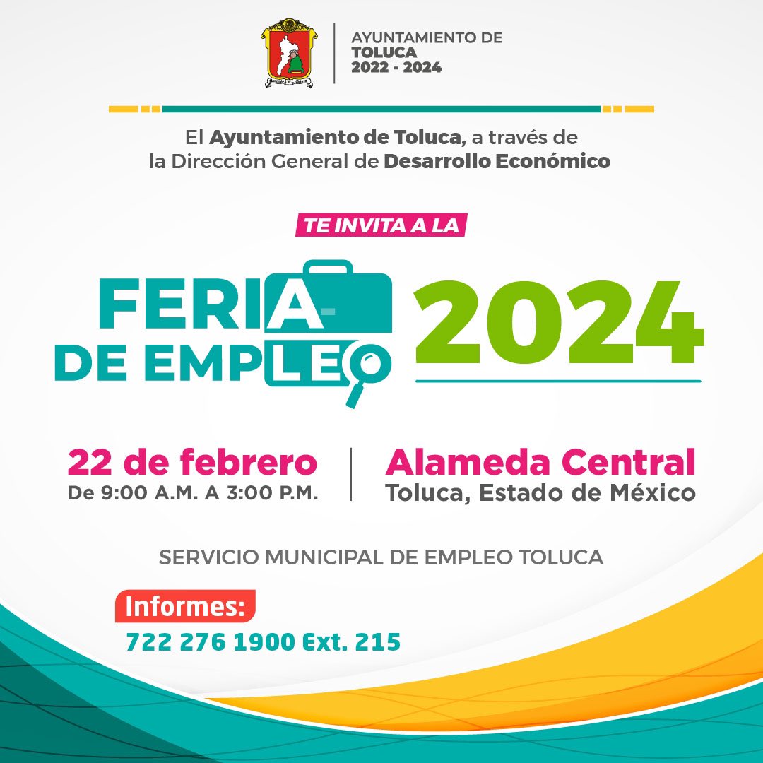 💼👩🏻‍💻 Encuentra tu nueva oportunidad laborar en nuestra “Feria del Empleo 2024”.

📍 Nuestro equipo de Desarrollo Económico Toluca, está listo para recibirte el día de mañana JUEVES 22 de febrero, a partir de las 9:00 A.M. en la Alameda Central. 👷🏻👩🏻‍💼
