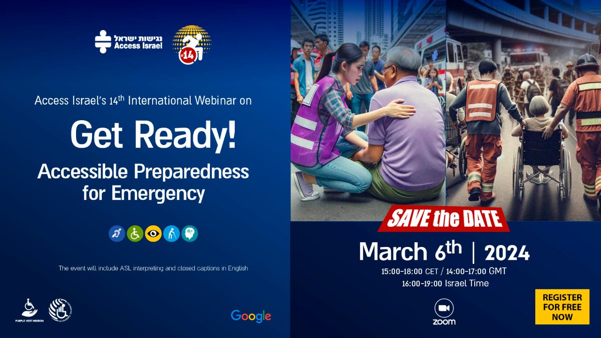 Join @AccessIL for the 14th International Webinar on Accessible Preparedness for Emergency.  Leading lecturers from all over the world will talk about pre-disaster preparedness, training programs, innovative rescue equipment technologies. Learn More: i.mtr.cool/oqapnekzta