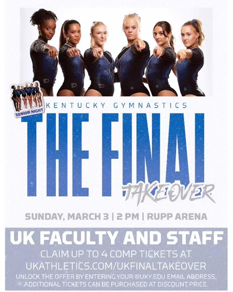 The UK Gymnastics Team, currently ranked #5 in the county, is offering a special promotion for all UK faculty and staff for their final home meet on March 3 at 2pm. Any employee can get up to 4 free tickets and discounted rates on additional general admission tickets.
