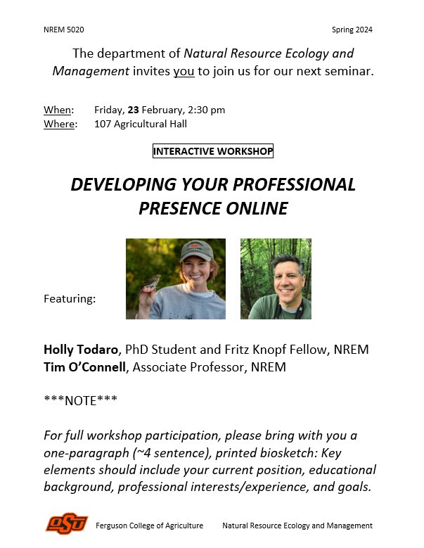 Come join us for an interactive workshop seminar hosted by <a href="/HollyTodaro/">Holly Todaro</a> and <a href="/Seiurus/">Tim O'Connell</a> on Friday, February 23rd! All are welcome to attend in person at 2:30 PM in 107 Ag Hall. See you all there!