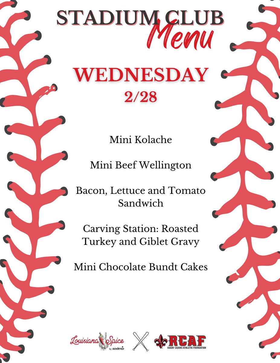 geauxRCAF's tweet photo. Today's 𝐁𝐚𝐬𝐞𝐛𝐚𝐥𝐥 𝐒𝐭𝐚𝐝𝐢𝐮𝐦 𝐂𝐥𝐮𝐛 𝐌𝐞𝐧𝐮!⚾

Club Opens: 5:00pm
First Pitch: 6:00pm

If you have any questions regarding the Baseball Stadium Club, please contact the RCAF at (337) 851-7223 or RCAF@louisiana.edu.

#GeauxCajuns | #GeauxRCAF ⚜ https://t.co/YszNlqAlsO