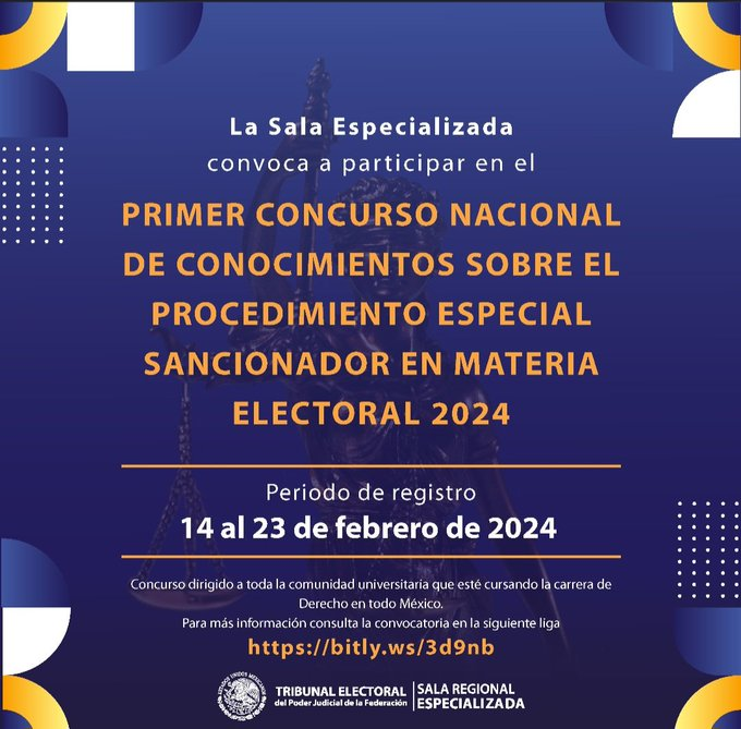luisespindolam's tweet photo. 📢¡No lo olvides!
Tienes hasta el 23 de febrero para #Inscribirte al Primer Concurso Nacional de conocimientos sobre el Procedimiento Especial Sancionador que organiza la
@TEPJF_Esp del @TEPJF_informa.
Les comparto la convocatoria 👇👇https://t.co/VnRApgrO0N https://t.co/Pou7urpyJ3