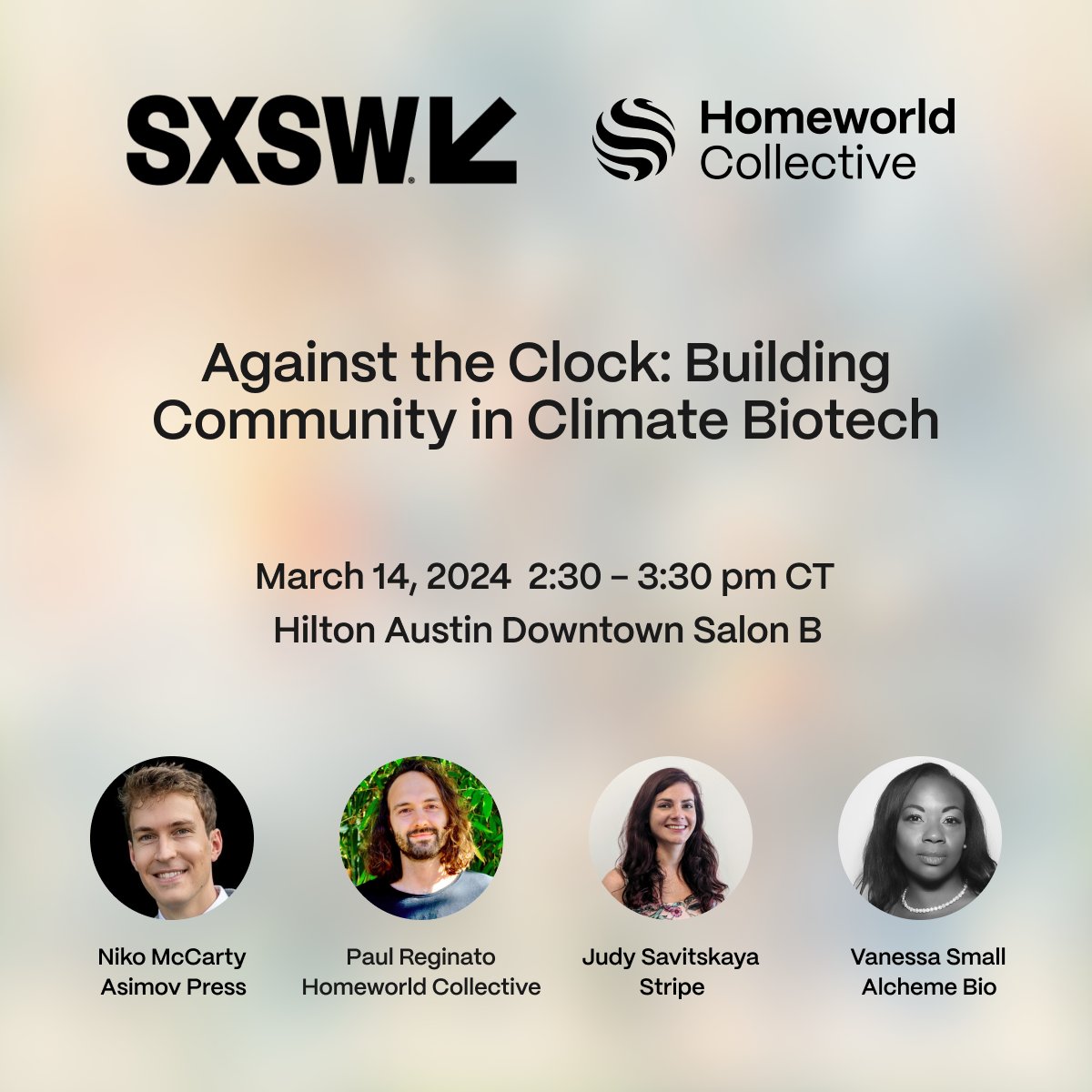 We're excited to be attending @sxsw for the first time this year! @PaulReginato will be on a panel to speak about building community in climate biotech alongside @NikoMcCarty, @heyjudka and Vanessa Small. Are you attending SXSW this year? Let us know ⬇️ @stripe @AsimovBio