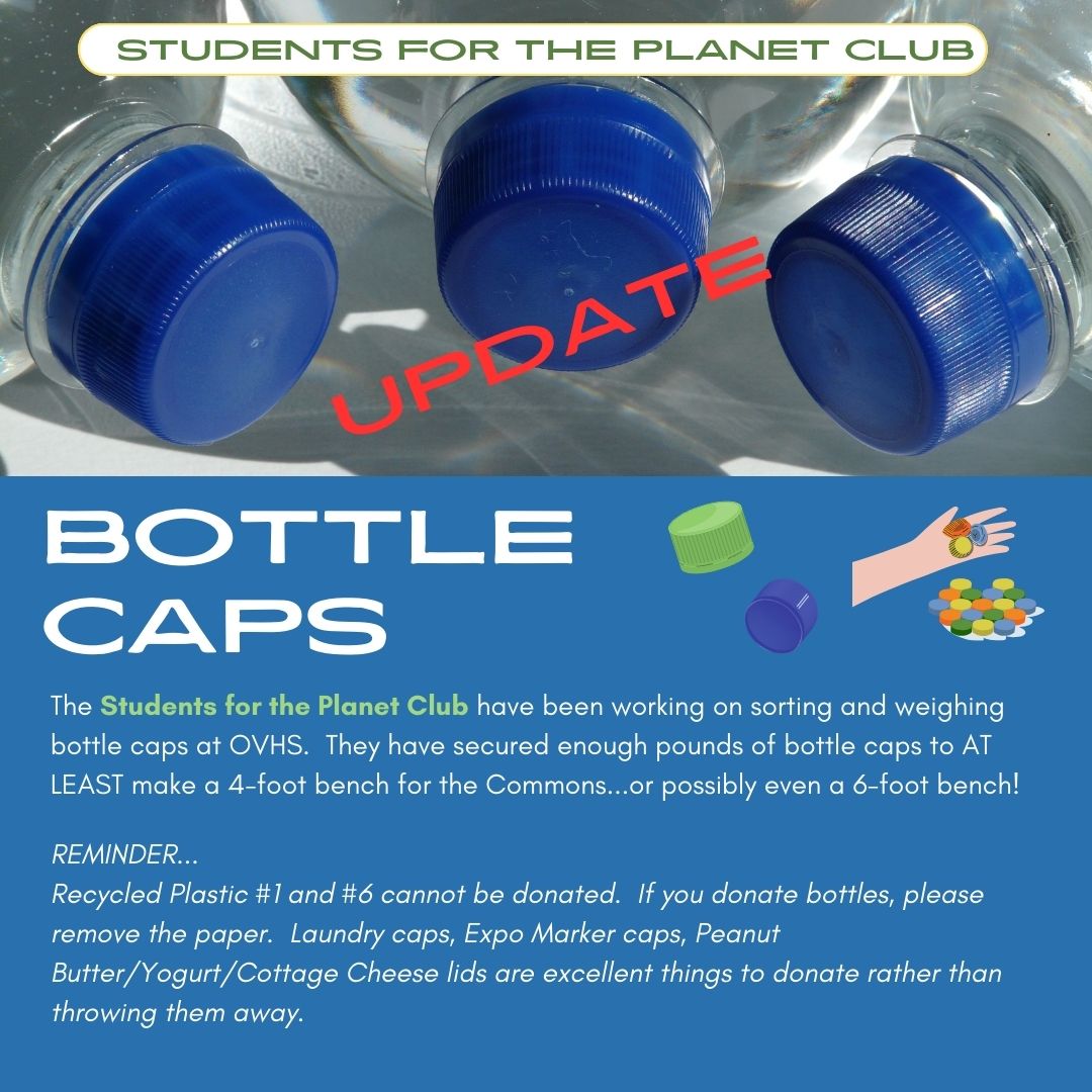 The OVHS Students for the Planet Club have been working on sorting and weighing bottle caps at OVHS.  They have secured enough pounds of bottle caps to AT LEAST make a 4-foot bench for the Commons...or possibly even a 6-foot bench! 
<a href="/ovhs_patriots/">Owen Valley HS</a>