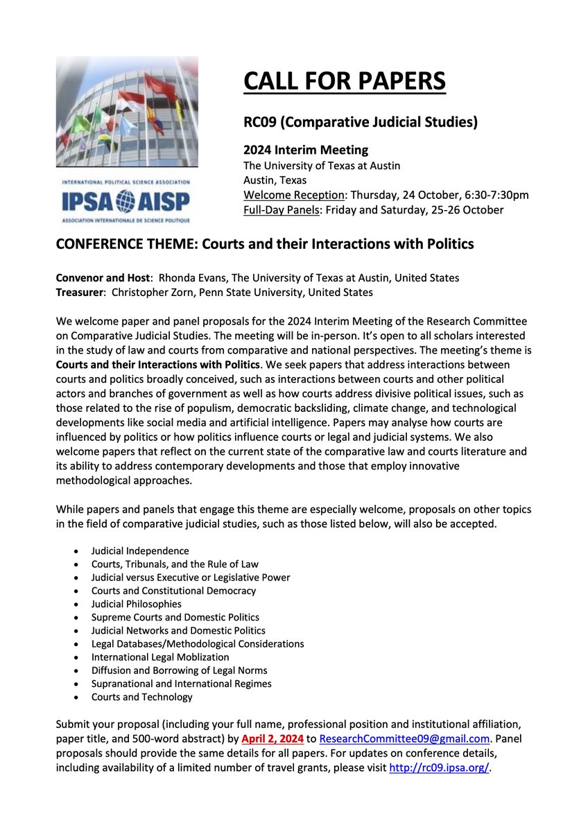 DSoennecken's tweet photo. Working on law and politics?
Apply to present your work at the next interim meeting of #IPSA's #RC09 working group (Comparative Judicial Studies) at UT Austin, Texas, from Oct 24-26, 2024. Deadline ⏰ : April 2, 2024. Some travel funding is available. https://t.co/tCUTVnBCDV https://t.co/Ly0oSNy2fo