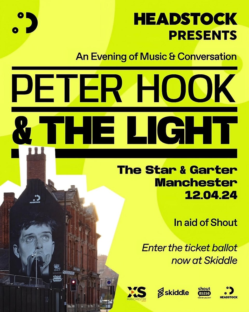 On April 12th @peterhook & The Light will play an intimate mental health fundraising show in Manchester at the @Star_GarterManc. Tickets only available via ballot which closes 11pm tonight - enter: skiddle.com/whats-on/Manch… Winners notified March 1st. @HeadstockUK @GiveUsAShout