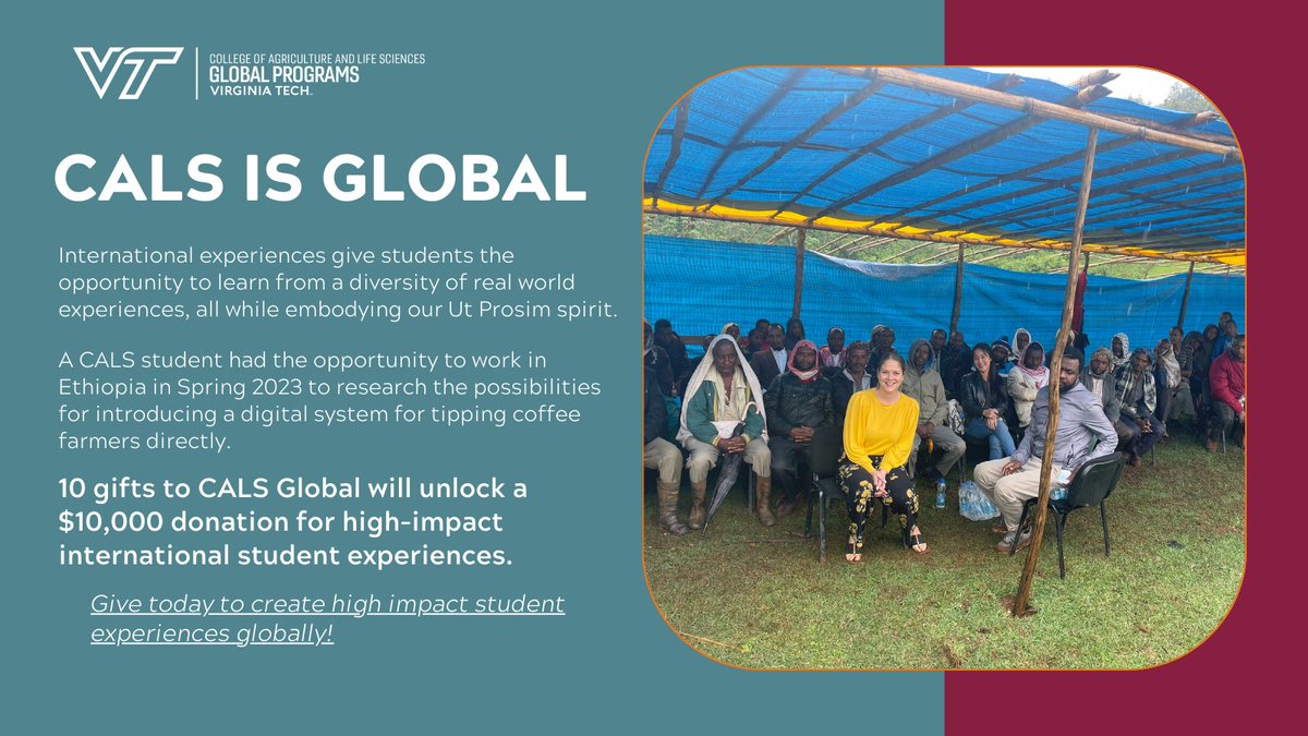It's #VTGivingDay! CALS Global creates real-world opportunities for students to learn, research, and serve internationally. Just 10 gifts will unlock a generous $10,000 donation towards opportunities for high-impact student experiences. Give today: givingday.vt.edu/giving-day/816…