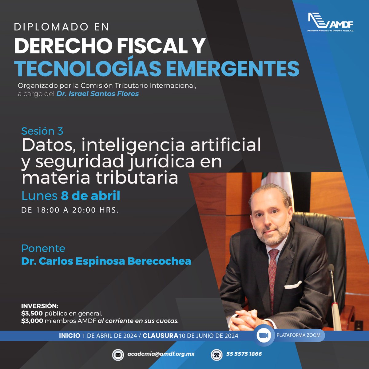 AMDF4's tweet photo. "Datos, inteligencia artificial y seguridad jurídica en materia tributaria", será la sesión que el Dr. @cespinosab  impartirá en el "Diplomado en Derecho Fiscal y Tecnologías Emergentes".
Conoce la agenda en https://t.co/QOeE8o7u97
#AMDF4 #derechotributario @GabrielaRiosGra https://t.co/Pg6BXnjG93