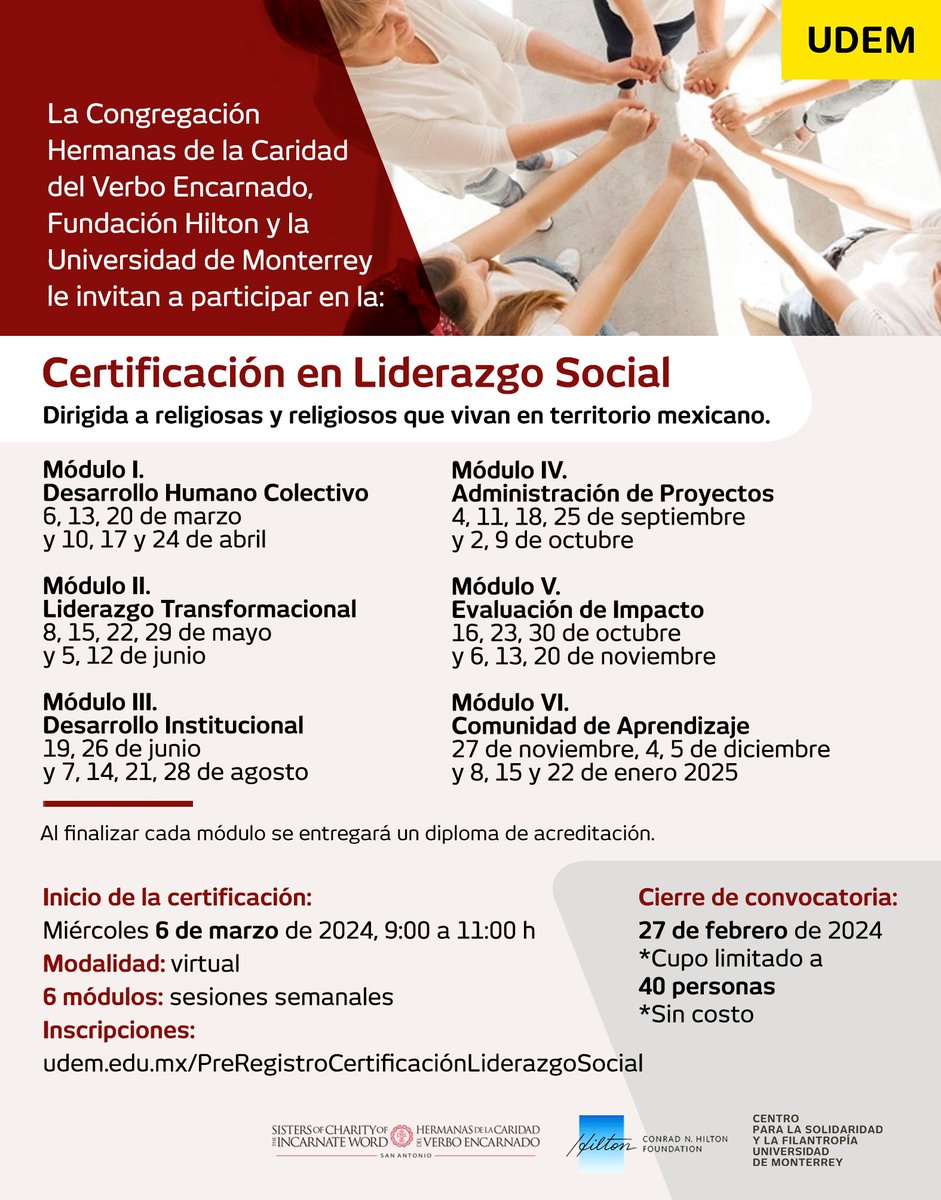 Si eres una Hermana CCVI o de cualquier Congregación, te invitamos a participar en la Certificación en Liderazgo Social impartido por la Universidad de Monterrey. <a href="/udem/">Universidad de Monterrey</a>
Para más información, entra a buff.ly/3XCIWBF
