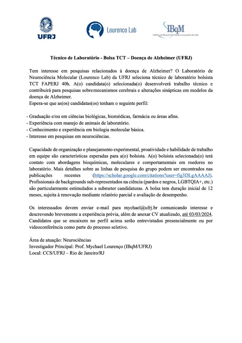 Estanos buscando candidatos a bolsa técnica TCT FAPERJ 40h para trabalhar conosco na <a href="/ufrj/">UFRJ</a>. Por favor, divulguem a potenciais candidatos!