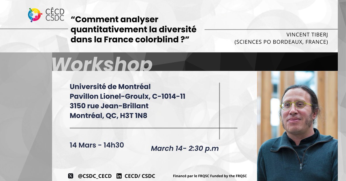 CSDC_CECD's tweet image. 🛠️ #Workshop for #GradStudents

👤 @VTiberj (@ScPoBx, 🇫🇷)

Comment analyser quantitativement 📊 la #diversité 🤝 dans la #France #colorblind ?

🗓️ 2024|03|14
⏰ 2:30 pm - 5:00 pm
📍 @UMontreal  - P. Lionel-Groulx – C-1014-11

Registration: 📨 cecd-csdc@umontreal.ca

👇