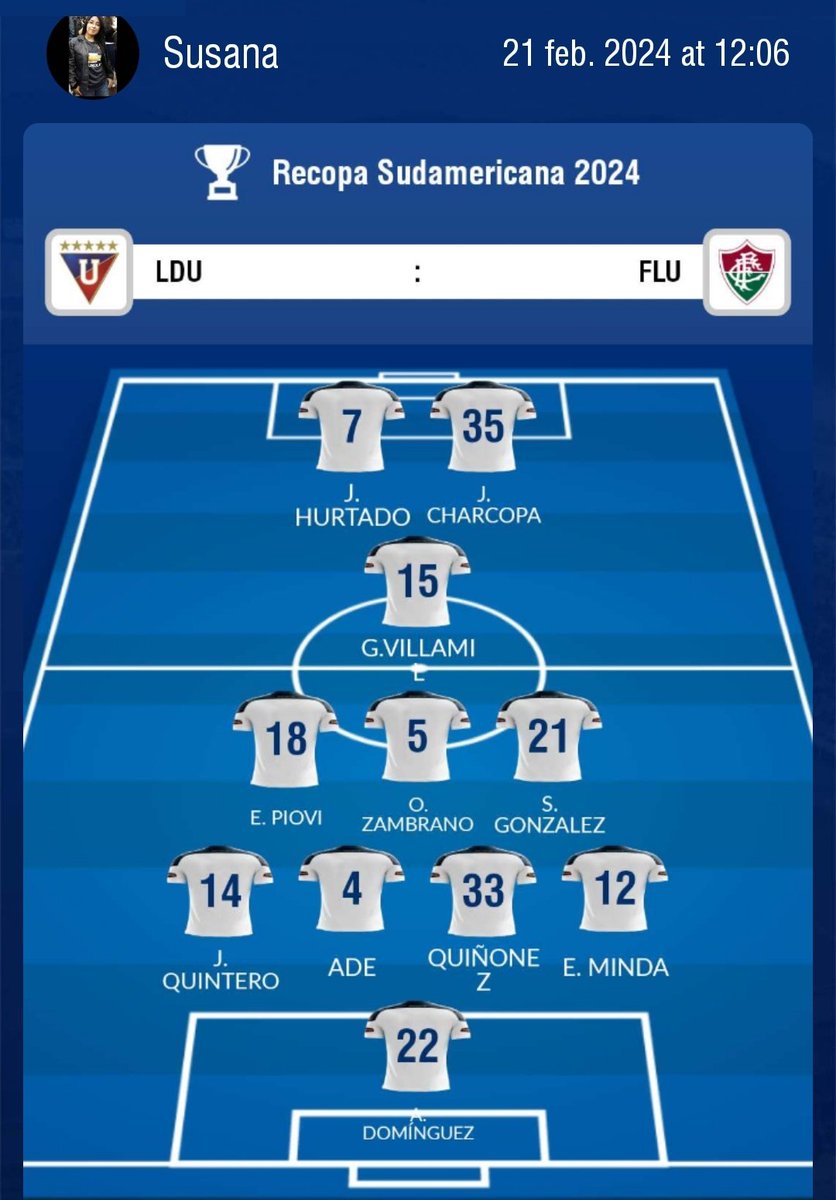 susanasacarivas's tweet photo. @LDU_Oficial @ConmebolRecopa #LDUapp #AlineaciónLDU @ConmebolRecopa @LDU_Oficial https://t.co/ACYkfma5kO