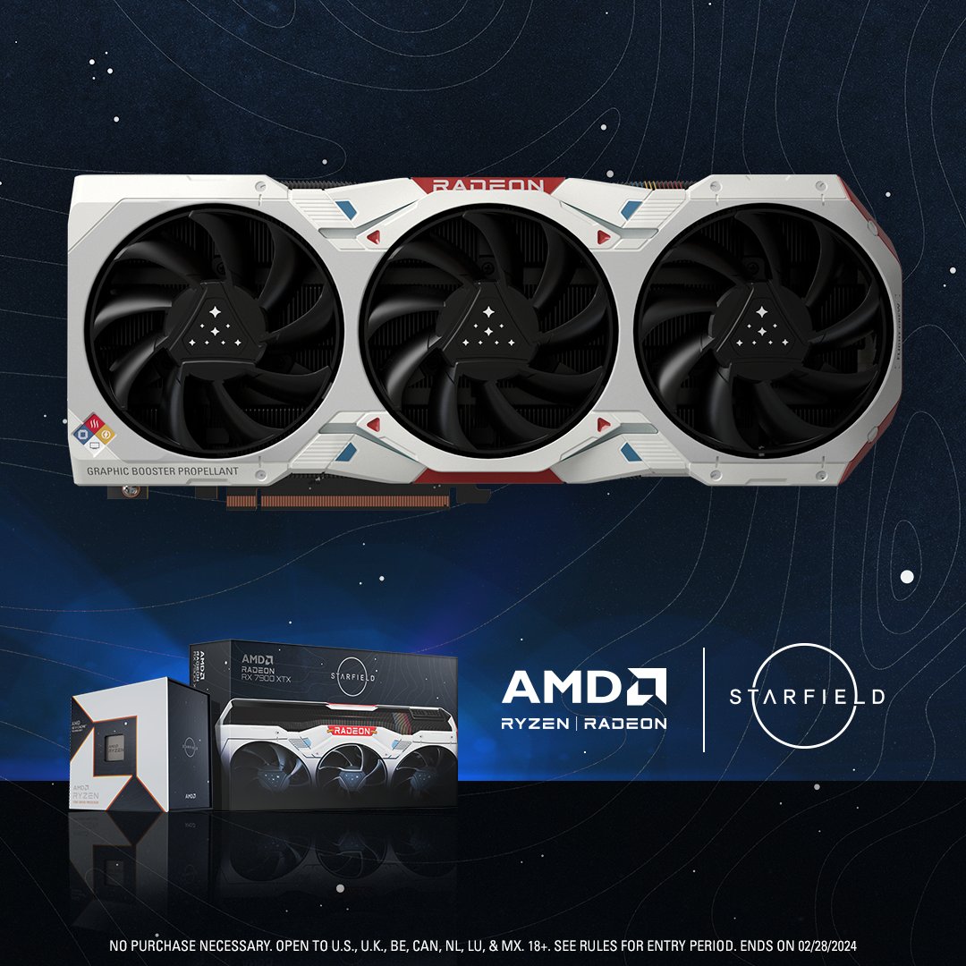 To celebrate #Starfield's latest update featuring #FSR 3, we're giving away one @AMD GPU + CPU bundle to a lucky winner. Follow and repost to enter - a winner will be chosen one week from today! 💫 Prize: one Starfield AMD Radeon™ RX 7900 XTX GPU and one Starfield AMD Ryzen™ 7