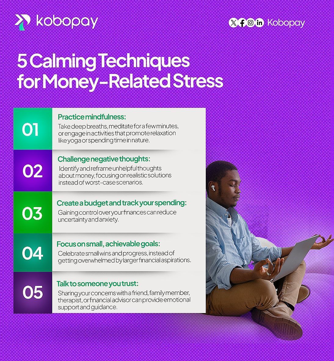 Kobopay's tweet image. Feeling financially stressed? Take a deep breath &amp;amp; check out these calming techniques.

 #FinancialWellness #StressLess  #Moneyproblem #Kobopay