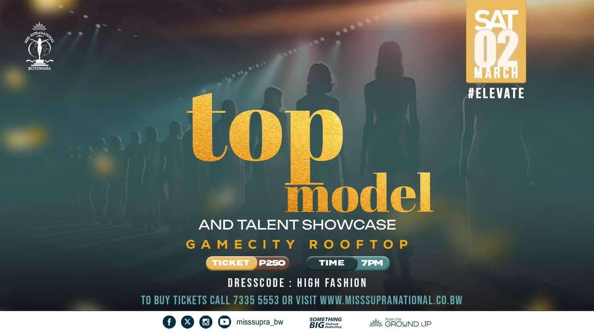 Join us on the 2nd of March as our 2024 Top 30 Finalists will be showcasing their modelling skills and talent.
Tickets are P250
Don't miss out on a spectacular night of great production
ASPIRATIONAL • INSPIRATIONAL
#Elevate #MissSupranational #MSB24 #TopModel #TalentShow
