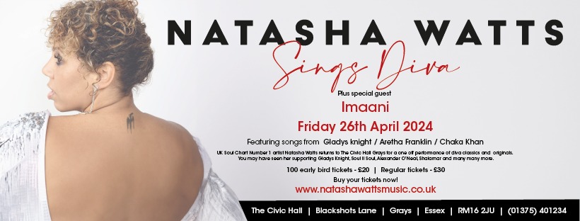 ESSEX !!!!! Are you ready ... Natasha sings DIVA ... with special guest Imaani !!!!! Now I am not being funny ... but you get two DIVAS !!!! Early bird tickets available but get on it before they are gone . Love Natasha xx Call 01375 401234 #essex #music #towie #soulmusic