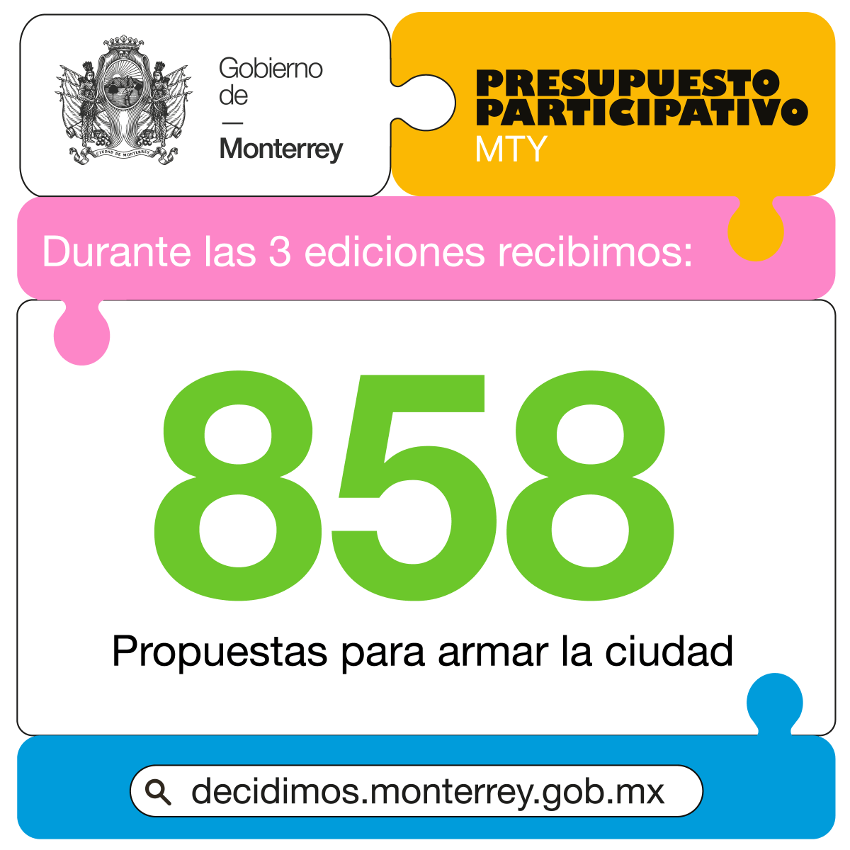 ✨¡Gracias por ser parte del Presupuesto participativo!✨

Hemos recibido un total de:

🧩 858 Propuestas ciudadanas para armar el Monterrey como lo imaginamos.

Conoce mas avances en: decidimos.monterrey.gob.mx  

#Monterrey #GobiernoDeMonterrey #presupuestoparticipativo2024