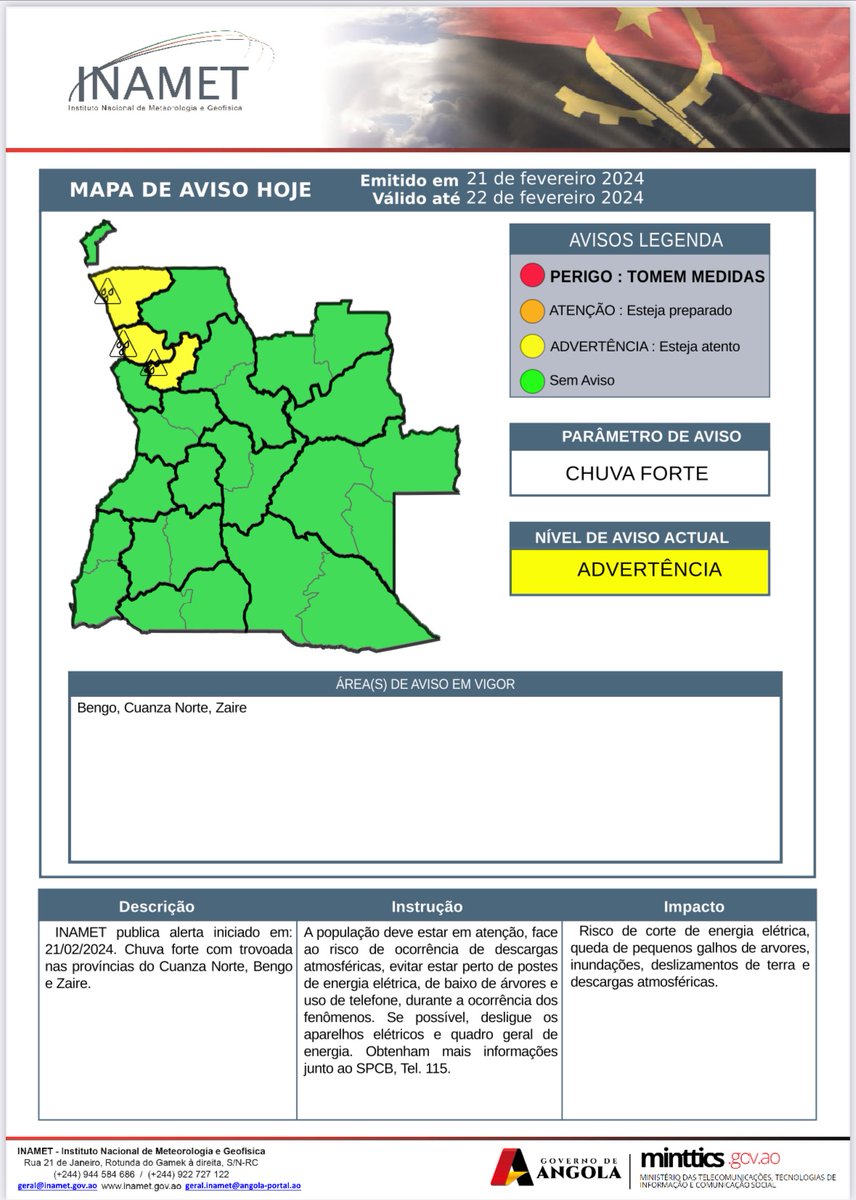 inamet_oficial's tweet image. Alerta🚨 ⛈🌩

INAMET: Alerta de Chuva forte acompanhada de trovoada nas províncias do Cuanza Norte, Bengo e Zaire, do dia 21 a 22 de Fevereiro de 2024.

#trovoada #chuvaintensa #angola #alerta