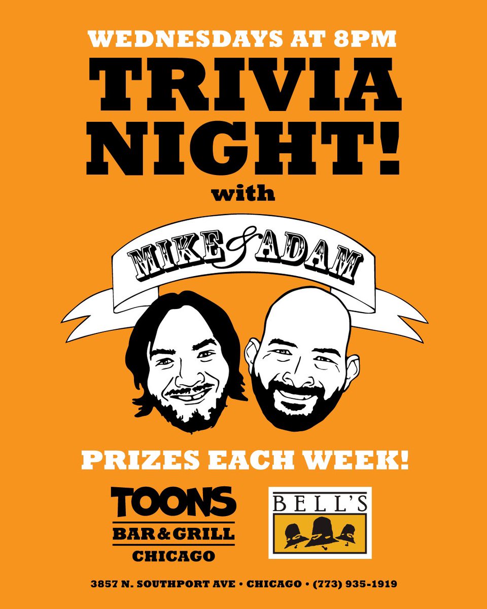 TONIGHT 👉 TRIVIA NIGHT‼️

Join Mike & Adam for a night of hilarity, prizes, and more. Teams up to six. Five rounds of 5 questions. 8-10pm. $6 Bells Drafts. 🍺

#chicagobars #wrigleyville #lakeviewchicago #lakevieweast #southportcorridor #trivia #trivianight #drinklocal