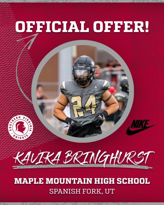 Kavika Bringhurst (@kavikabringhur1) on Twitter photo After a great conversation with <a href="/coachbillynixon/">Bill Nixon</a> I am blessed to receive my first offer from The University of Southern Virginia! #GoKnights
@CoachDomMoe <a href="/_jhuff/">Coach Huffman</a> <a href="/Kdog1924/">Kalin Hall</a> <a href="/binghamf/">Bingham Fano</a> <a href="/MapleMtnSports/">MapleMountainSports</a> <a href="/MapleMountainFB/">Maple Mountain Football</a> After a great conversation with <a href="/coachbillynixon/">Bill Nixon</a> I am blessed to receive my first offer from The University of Southern Virginia! #GoKnights
@CoachDomMoe <a href="/_jhuff/">Coach Huffman</a> <a href="/Kdog1924/">Kalin Hall</a> <a href="/binghamf/">Bingham Fano</a> <a href="/MapleMtnSports/">MapleMountainSports</a> <a href="/MapleMountainFB/">Maple Mountain Football</a>