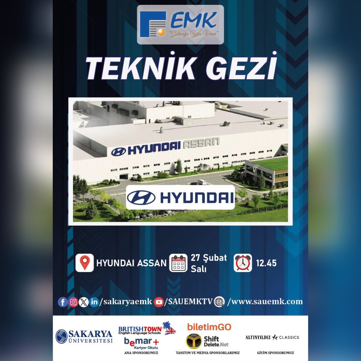 sakaryaemk's tweet photo. SAÜEMK olarak otomotiv sektörünün lider üreticilerinden Hyundai’nin İzmit fabrikasını ziyaret ediyoruz. 🚘

🗓 27 Şubat Salı / 12.45

📌 Kayıtlar 22 Şubat'ta 1. öğretimler için 10.00'da, 2. öğretimler için 14.00'te M5 binasındaki kulüp odamızdan alınacaktır. https://t.co/Jc7Lhu7dD6
