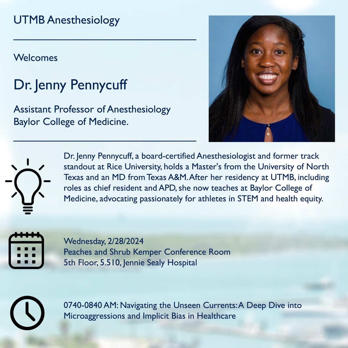 Richesh Guragain, MD (@richeshg) on Twitter photo We are thrilled to welcome
Dr. Jenny Pennycuff for our grand round lecture series on 2/28/24. Hope to see you all there!!
<a href="/DrJPennycuff/">Dr. Jenny Pennycuff</a>
<a href="/UTMBAnesthesia/">UTMB Anesthesiology</a> We are thrilled to welcome
Dr. Jenny Pennycuff for our grand round lecture series on 2/28/24. Hope to see you all there!!
<a href="/DrJPennycuff/">Dr. Jenny Pennycuff</a>
<a href="/UTMBAnesthesia/">UTMB Anesthesiology</a>