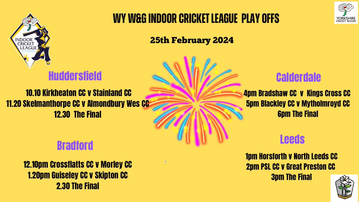 Katiestewart🏏 (@katieycb) on Twitter photo 16 teams from the original 42 have made it to the <a href="/wywgcl/">West Yorkshire Women & Girls’ Cricket League</a> Indoor play-offs this Sunday! 🎉 Four exciting finals across 4 West Yorkshire venues! 🏆🏆🏆🏆
#Halifax #Bradford #Leeds #Huddersfield <a href="/hgtcyorkshire/">Her Game Too Cricket - Yorkshire & Diamonds</a> 16 teams from the original 42 have made it to the <a href="/wywgcl/">West Yorkshire Women & Girls’ Cricket League</a> Indoor play-offs this Sunday! 🎉 Four exciting finals across 4 West Yorkshire venues! 🏆🏆🏆🏆
#Halifax #Bradford #Leeds #Huddersfield <a href="/hgtcyorkshire/">Her Game Too Cricket - Yorkshire & Diamonds</a>
