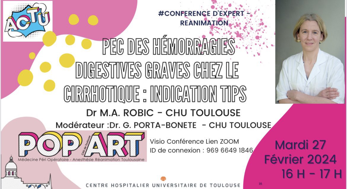 POpARToulouse's tweet photo. ✨Elles vous manquaient ? Les #ConfsDExperts reviennent !

Nous avons la chance d’accueillir notre collègue Dre #Robic pour discuter des indications du TIPS ds l’hémorragie grave du patient cirrhotique 🩸
🗓️mardi 27/02
🕓 16h
📍sur place @CHUdeToulouse ou en visio https://t.co/H9mNkTxLVR