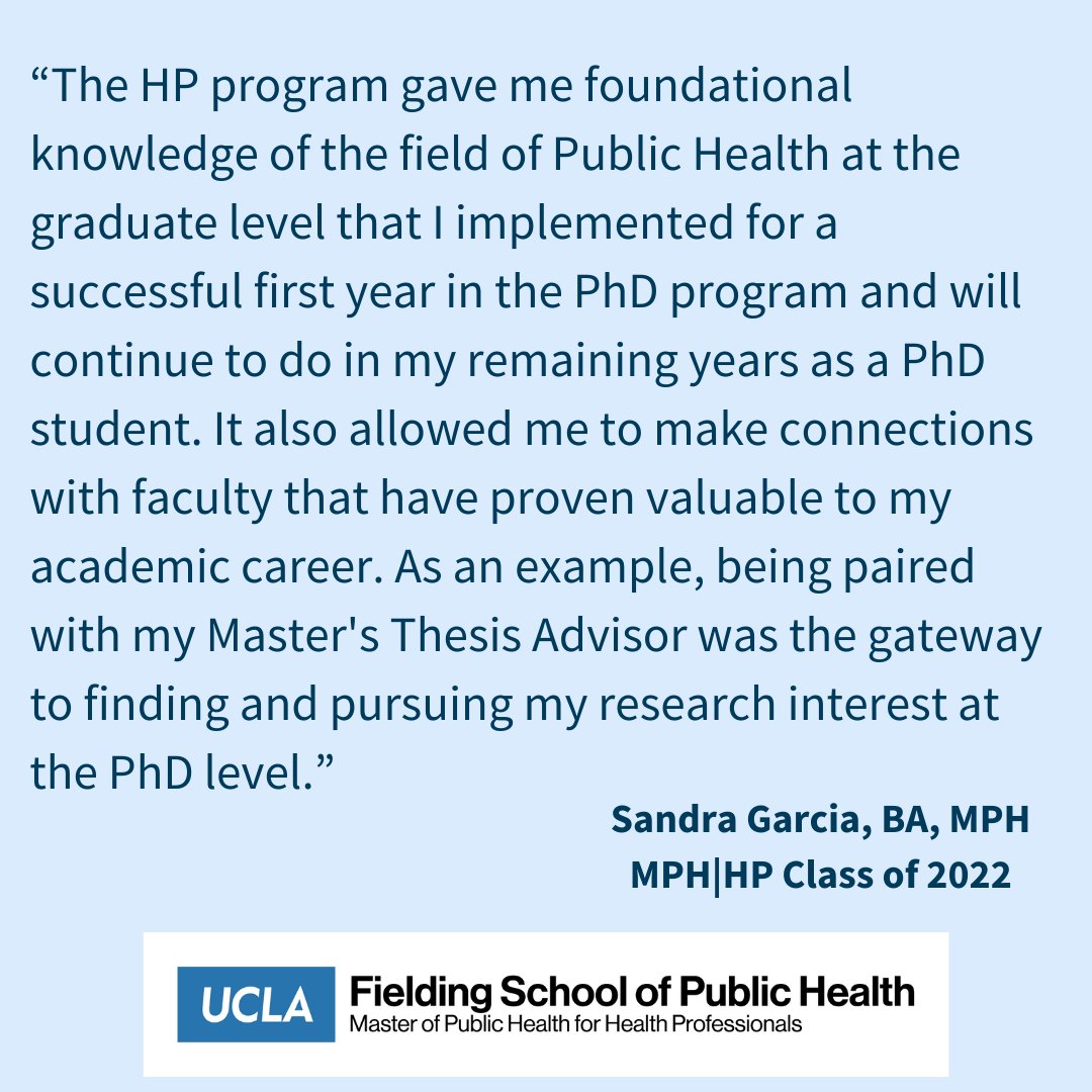 The MPH|HP program is excited to celebrate Sandra Garcia on her amazing success in the FSPH Community Health Sciences PhD Program. Please help us in congratulating Sandra for this astounding accomplishments. #mph #mphhp #UCLA #FSPH