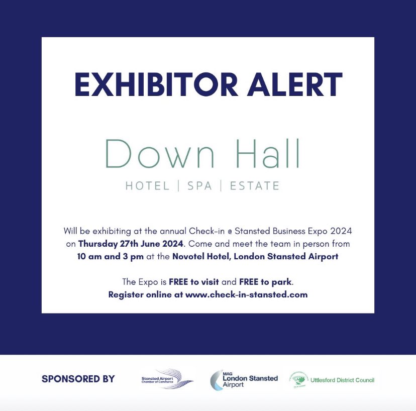 Check-in @ Stansted (@checkinstansted) on Twitter photo We’re delighted to welcome back <a href="/downhall_hotel/">Down Hall Hotel</a>
to the 10th annual #businessexpo this June.
We’ve limited space for other #hotels #spas to #exhibit so if you’re looking to promote your brand, book now. We limited space to 4 per industry.
#essex #herts #London #cambridge We’re delighted to welcome back <a href="/downhall_hotel/">Down Hall Hotel</a>
to the 10th annual #businessexpo this June.
We’ve limited space for other #hotels #spas to #exhibit so if you’re looking to promote your brand, book now. We limited space to 4 per industry.
#essex #herts #London #cambridge
