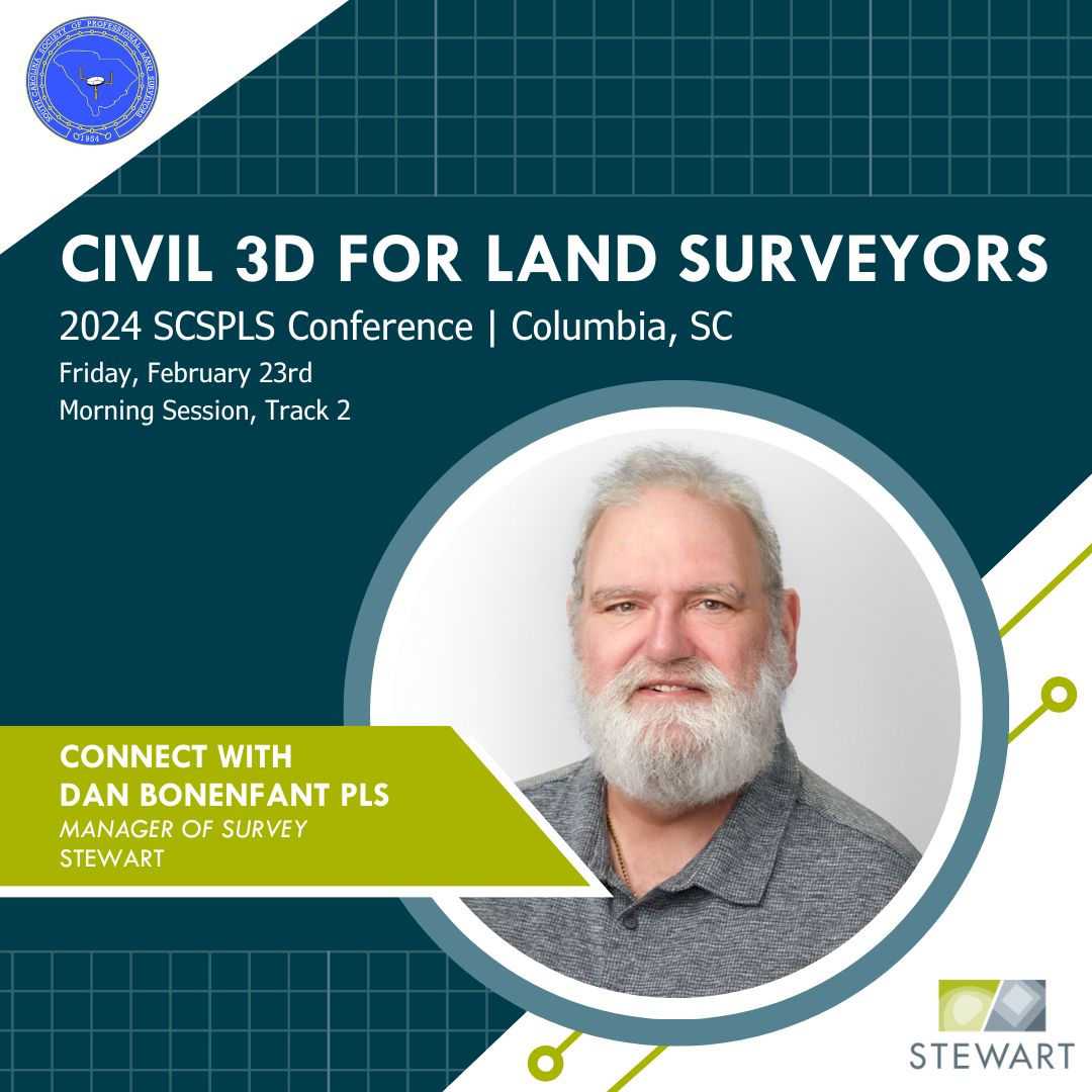 Joining us at the SCSPLS Conference in Columbia, SC? Stop by and see Dan Bonenfant share a candid look at the capabilities of Civil 3D from a surveyor's perspective. #Stewart #StewartSurvey #Civil3D #Autodesk #ColumbiaSC #scspls zurl.co/OpGU