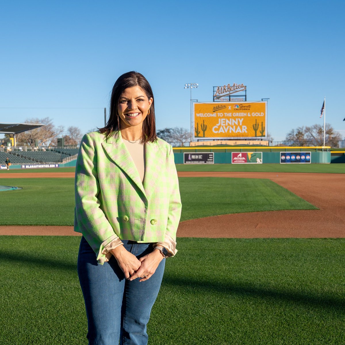 Athletics's tweet photo. Welcome to the Green &amp; Gold and your first A’s Spring Training, Jenny Cavnar! 👏🌵

Jenny was named the first female primary play-by-play announcer in Major League Baseball history and will call a majority of A’s games! https://t.co/YlVAO0fcmn