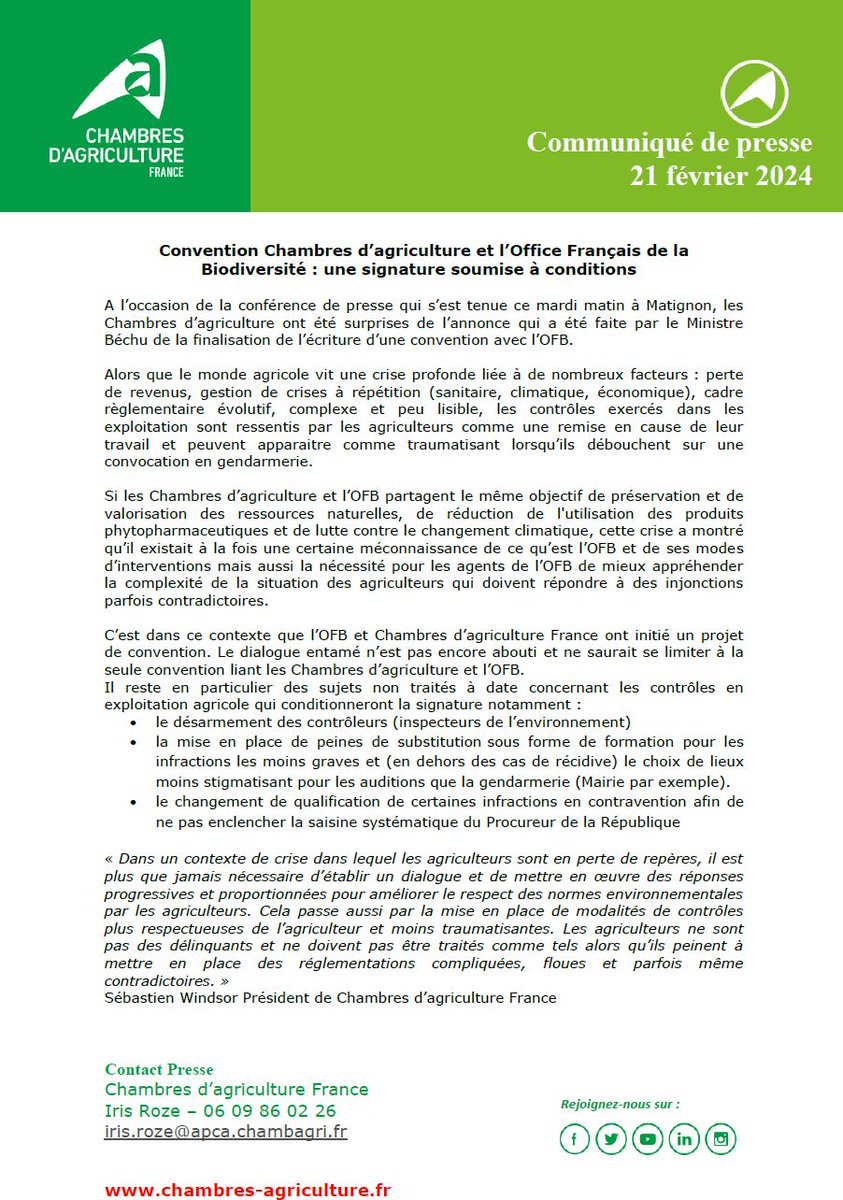 ChambagriFrance's tweet photo. 📰#CP : Convention Chambres d'agriculture et l'Office français de la biodiversité : une signature soumise à conditions
➡️Lors d'une conférence de presse à Matignon ce mardi matin, les #ChambresAgri ont été surprises de l’annonce qui a été faite par le Ministre Béchu
Lire le CP👇 https://t.co/k6qg1MJ8ao