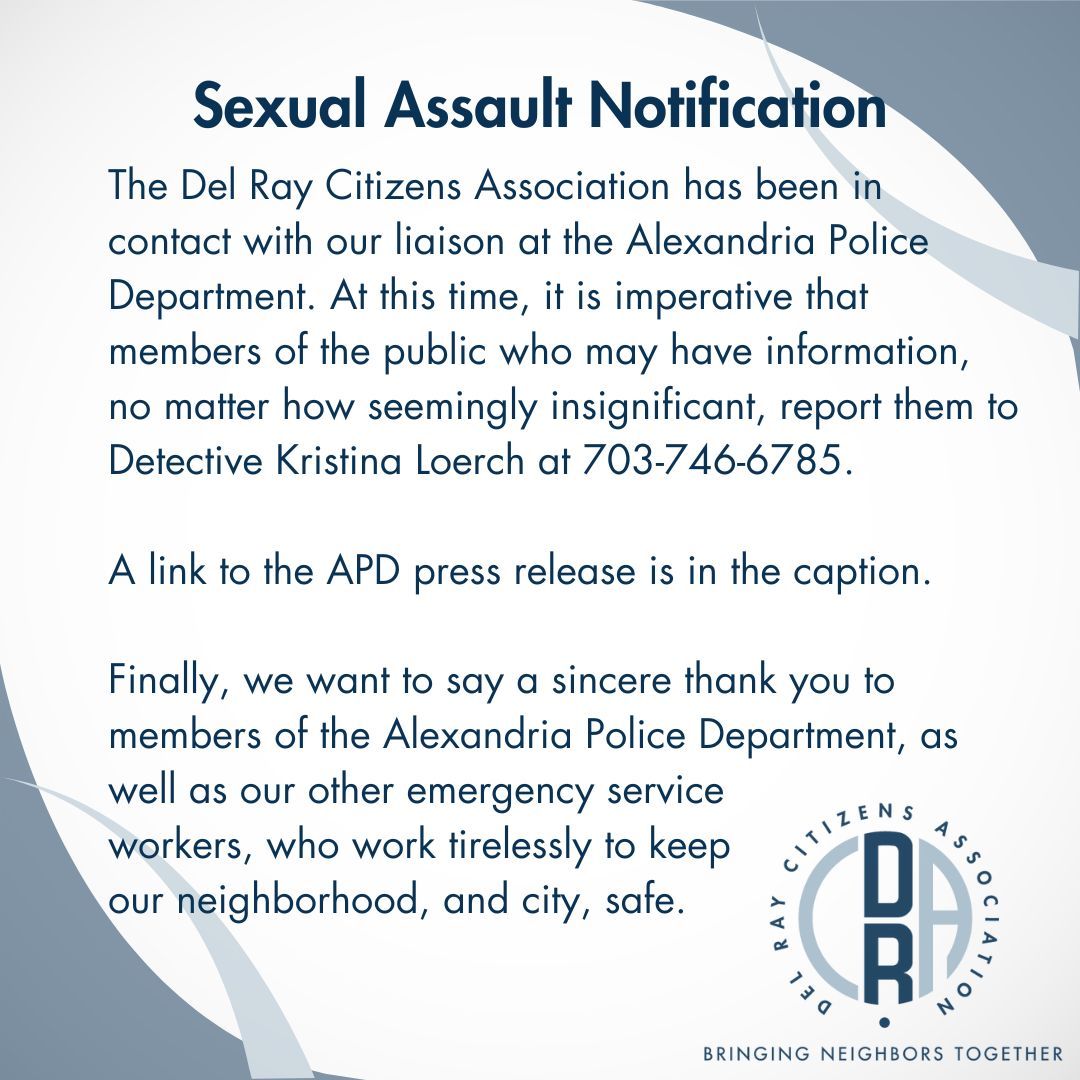 The APD is seeking help in gathering info related to a sexual assault that happened near Mt. Vernon Ave/Commonwealth Ave overnight. If you have any info, including footage from security cameras, please contact Detective Kristina Loerch at 703-746-6785. buff.ly/3OSFtwJ